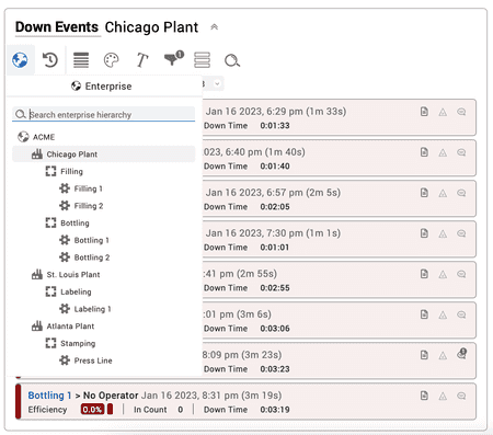 Snapshot of the event list widget with the Enterprise live control open in the Vorne XL software.