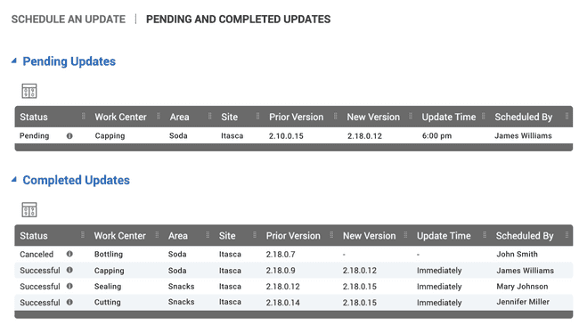 Snapshot of the software update tables in XL Enterprise.
