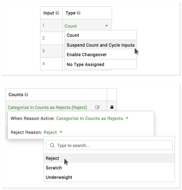 Snapshot of the XL manufacturing software user interface for suspending count by input or reason.