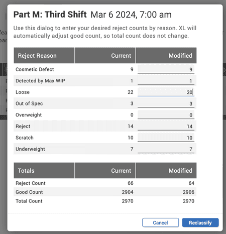 Snapshot of the new reclassify counts dialog in the Vorne XL web interface.