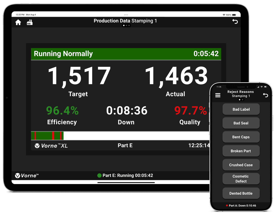 XL Sidekick app showing the scoreboard screen on a tablet and reject reason selection on a smartphone.