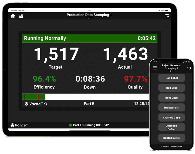 XL Sidekick app showing the scoreboard screen on a tablet and reject reason selection on a smartphone.