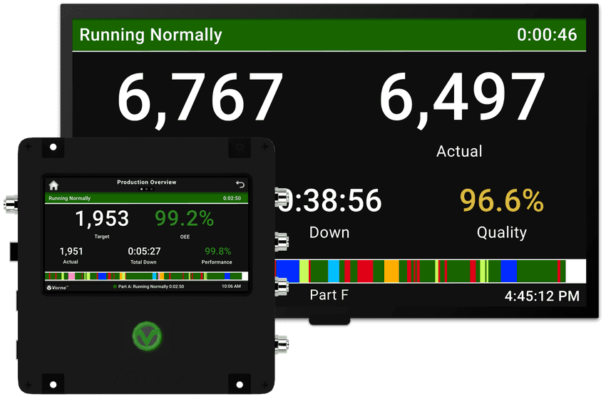 Vorne XL Touch production monitoring device and HDMI plant-floor scoreboard.