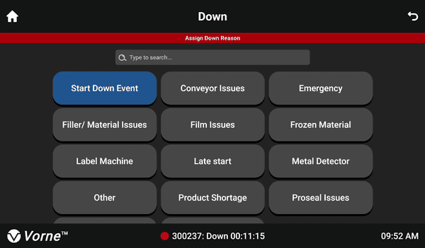 Touch UI Down Reasons screen depicting the new red down strip, search functionality, and colored button differentiation.