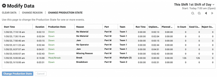 Snapshot of the modify production states table in the Configuration portion of the Vorne XL web interface.