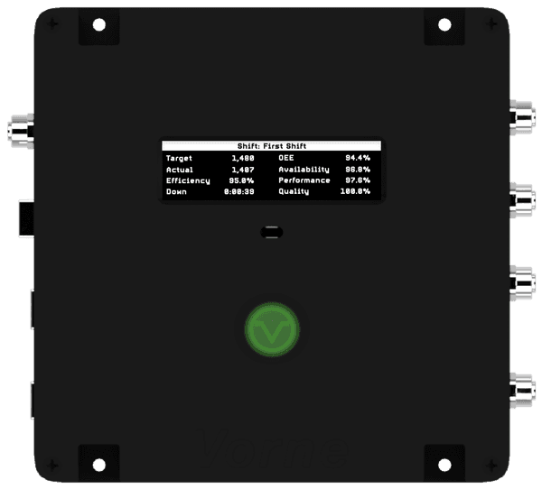 The new XL HD+ production monitoring device showing shift metrics on the OLED display.