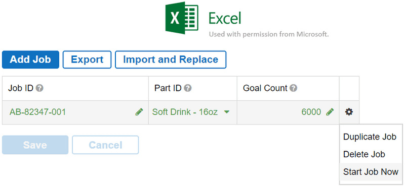 Snapshot of Job import and export features in XL manufacturing software.