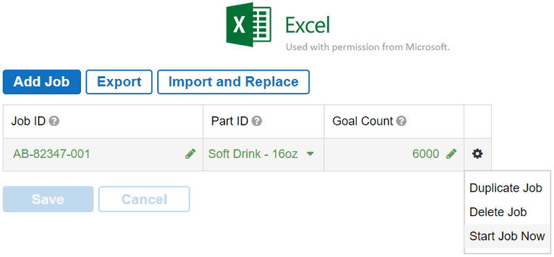 Snapshot of Job import and export features in XL manufacturing software.