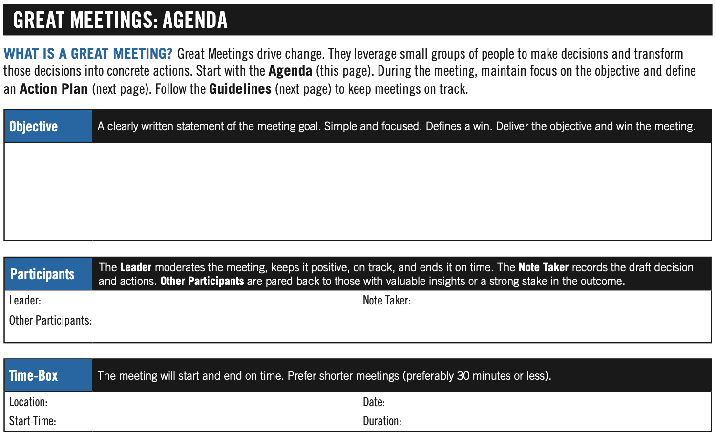 Blank template to fill out with information about how to conduct a great meeting.