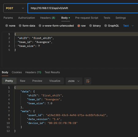 Snapshot of starting a shift via the XL API.