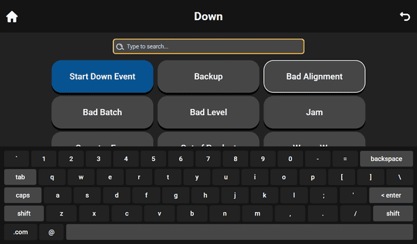 Touch UI Down Reasons screen depicting the new search keyboard functionality, as well as an outlined selected item.