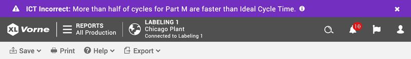 Snapshot of an urgent data quality alert at the top of the Vorne XL web page interface.