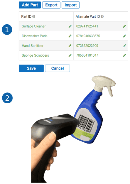 Alternate Part ID and unrecognized barcode features in XL Productivity Appliance software.