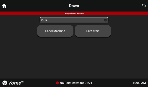 Touch UI Down Reasons screen depicting the new search functionality filtering down the Reasons list.