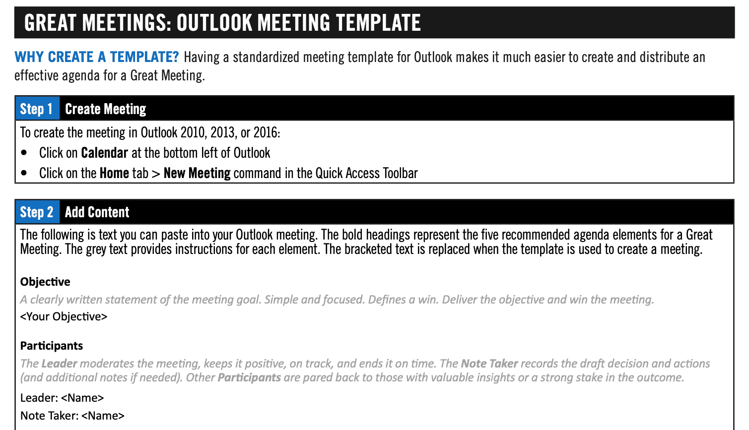 Template filled out with information about how to conduct a great meeting.
