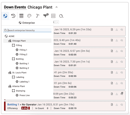 Snapshot of the event list widget with the Enterprise live control open in the Vorne XL software.