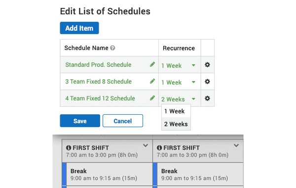 Snapshot of the new two week time schedule in XL manufacturing software.